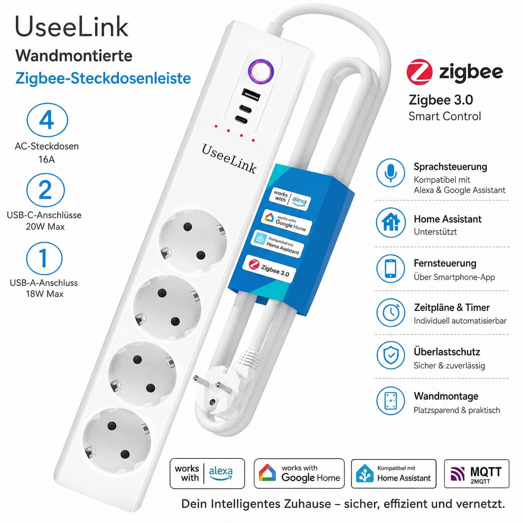 UseeLink Zigbee protezione da sovratensione ciabatta 10A 4 prese CA interruttori individuali 2 protezione da sovraccarico timer USB nessun hub richiesto Certificato CE Bianco