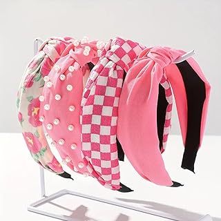 Hot Pink Headbands for Women Girls, 4 Packs Cute Flower Printed Knotted ...