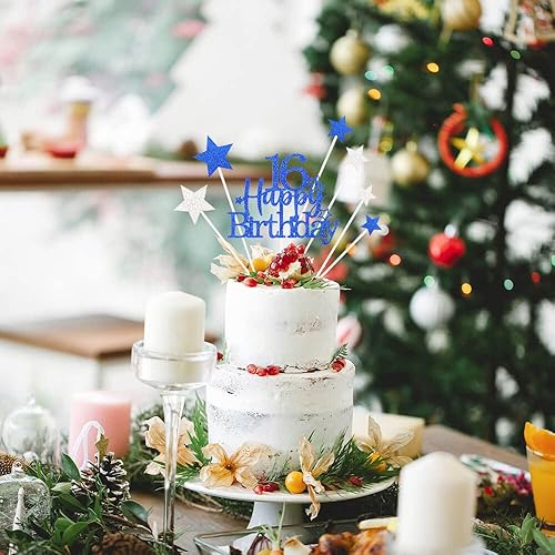 Miniatura 6 de Decoración brillante para pastel de 16 años con estrella para niños y niñas, suministros para fiesta de cumpleaños de 16 años, color azul rey