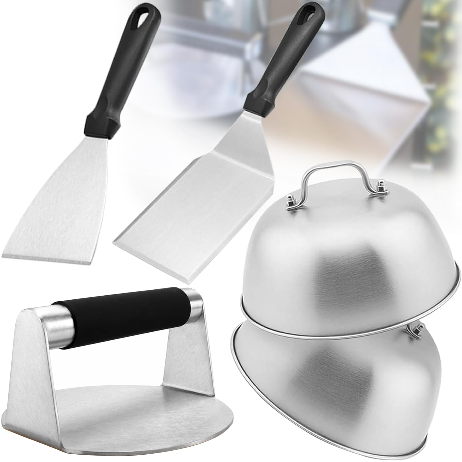 Set per burger, 5 pezzi, pressa per hamburger, in acciaio inox, include pressa per hamburger, spatola per barbecue, spatola e campana per hamburger, per piastra a gas, teppanyaki
