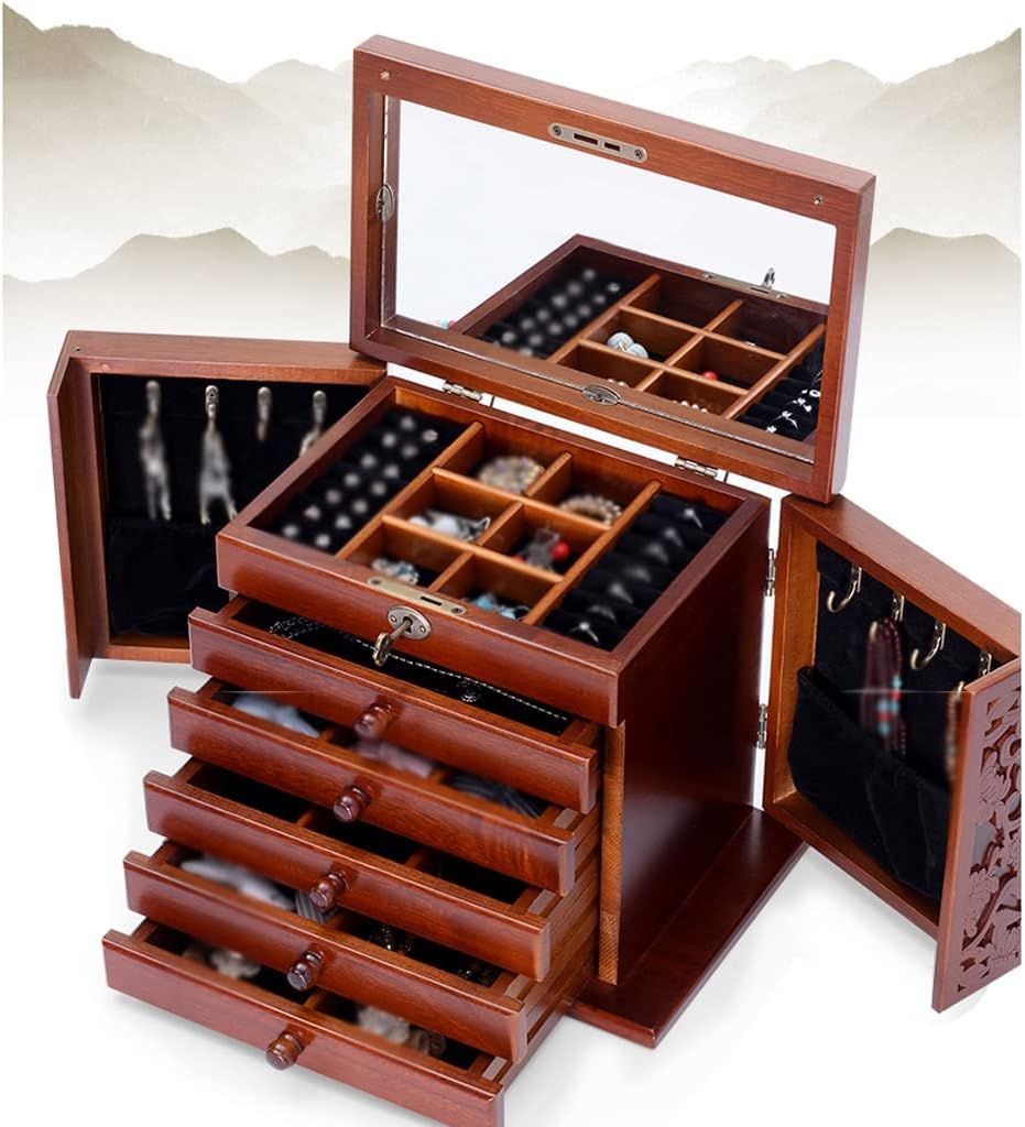 Jewelry Box, Jewerly Box Solid Wood Jewelry Box Wooden Lock Jewelry Storage Box Princess Multi-Layer Large Capacity with Mirror Jewelry Box Jewelry Storage Box Jewelry Box for Women(C) (B 31x19x25CM)