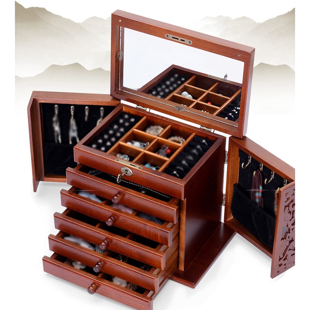 Jewelry Organizer Box Solid Wood Jewelry Box Wooden Lock Jewelry Storage Box Princess Multi Layer Large Capacity with Mirror Jewelry Box