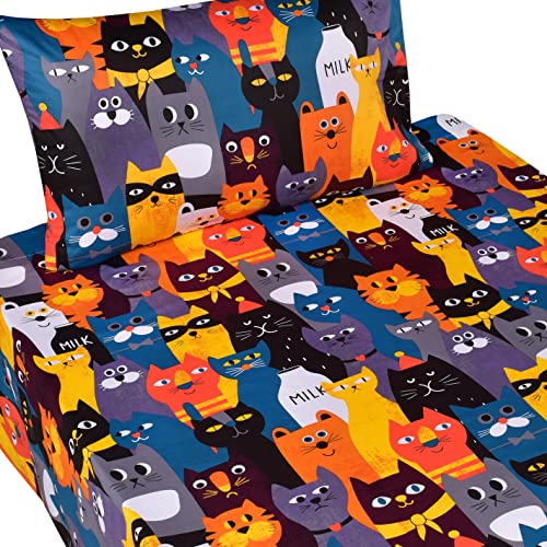 Scientific Sleep Big Cat Kitty Like Milk 100% Cotton Cozy Twin Bed Sheet Set, Flat Sheet & Fitted Sheet & Pillowcase Natural Bedding Set (Cat, Twin) #TOP1