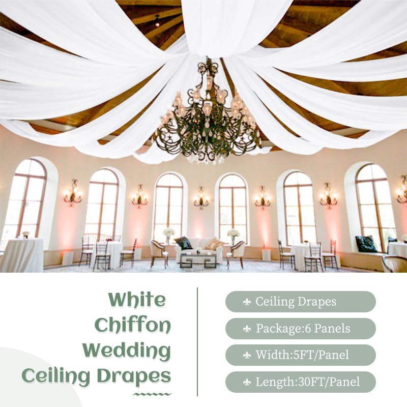 6 WHITE Panels Wedding Ceiling Drapes 5ftx30ft Ceiling Drapes Chiffon Fabric Arch Draping Sheer Curtains Soft Drapery Draping Wedding Ceiling Decorations for Party Ceremony Stage Swag