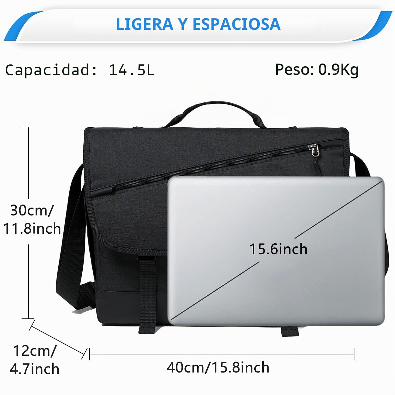 VASCHY Bolso Hombre Bandolera Grande, Bolso Mensajero Hombre Ligero Bolsa Portatil 15,6 Pulgadas Resistente al Agua con Compartimiento Laptop para Trabajo Negocio Viaje, Negro-15,6