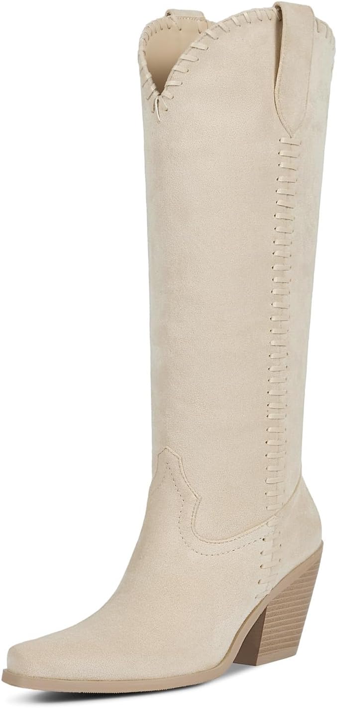 wetkiss Suede Cowboy Boots for Women Knee High Cowgirl Boots Square Toe Western Boots with Side Zipper & Chunky Heel, Tall Cowboy Boots for Daily Wear, Parties & Music Festivals