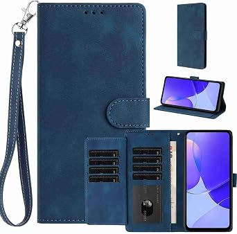 Leather Case forMotoE32 Case with Card Holder with 8-Card Slots Wallet Case with Detachable Strap Lanyard Soft PU Leather for Women Deep Blue
