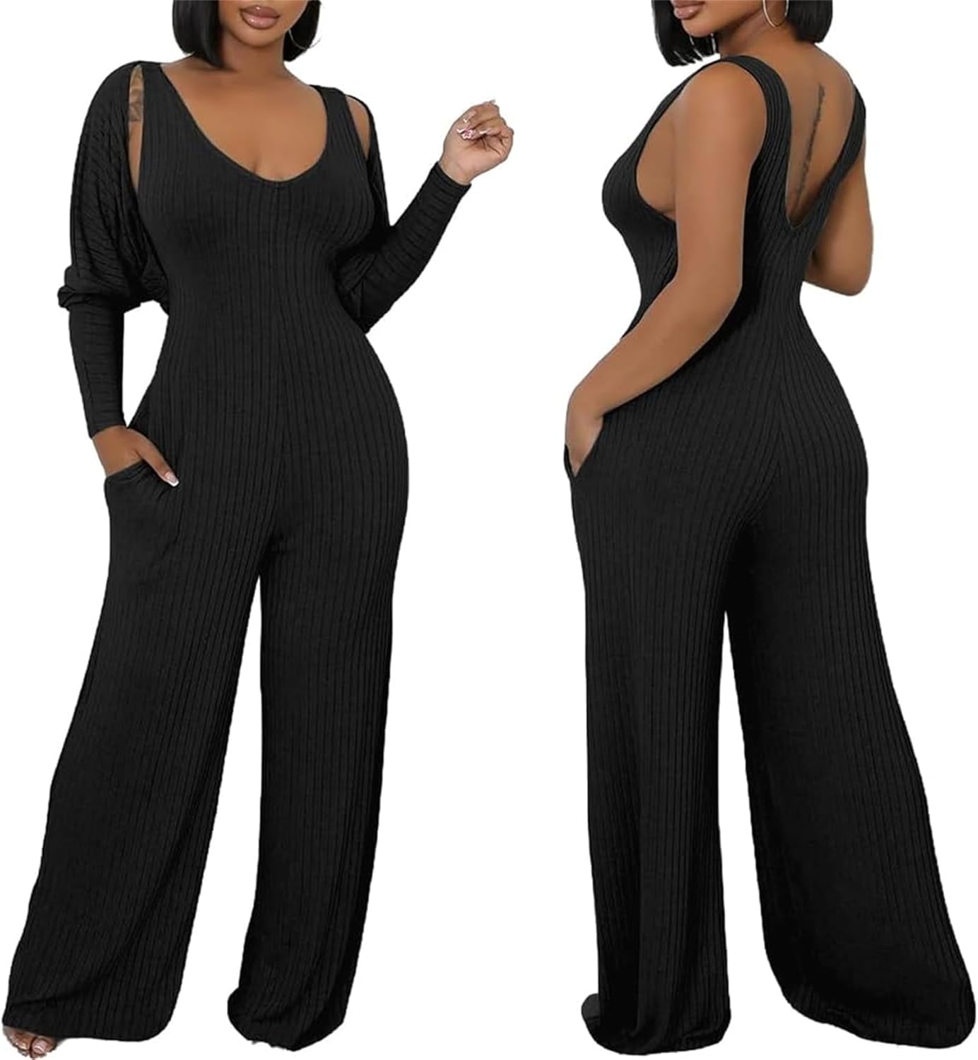 Women's Casual 2 Piece Outfits Ribbed Knitted Batwing Long Sleeve Cardigan Tank Wide Leg Jumpsuits Sets With Pocket