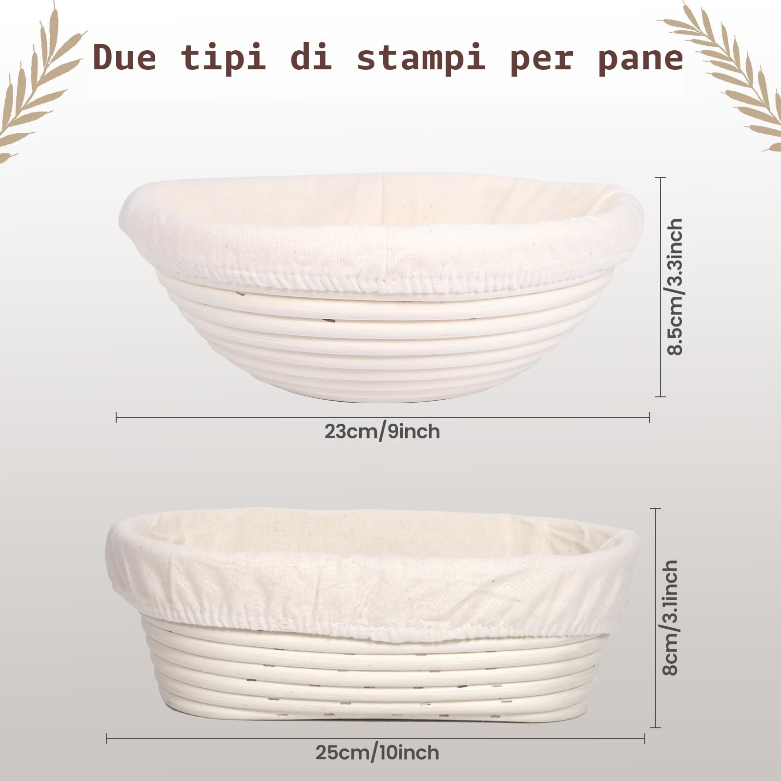 Set di cestini per il pane, set da 10 pezzi per lievitazione naturale, cestini per pane rotondi, diametro 25 cm e ovali, diametro 23 cm, accessori per la cottura del pane