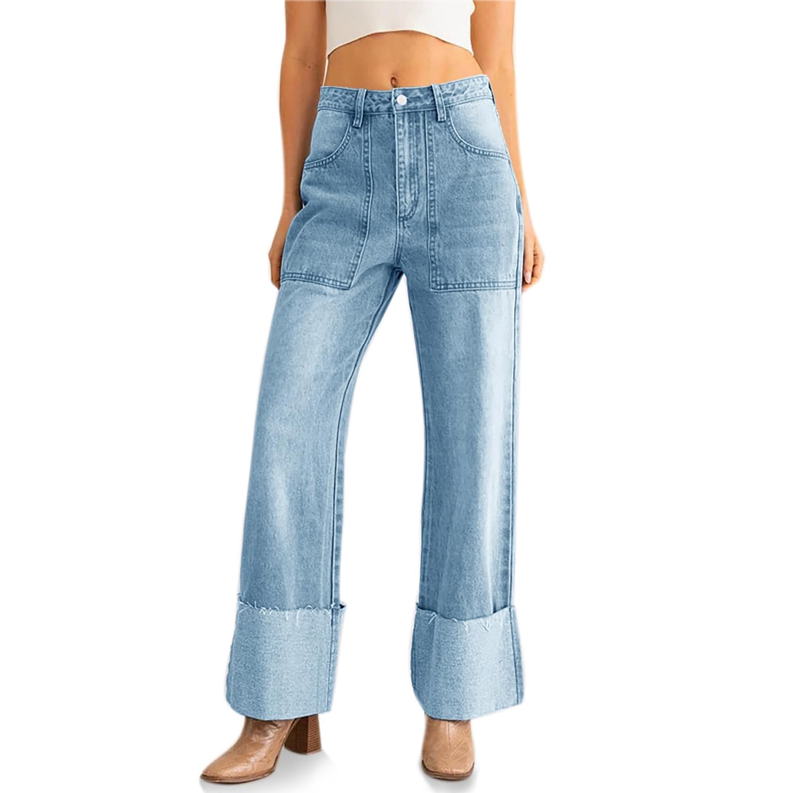 Jeans Donna Gamba Larga Vita Alta - Elastici Per Yoga E Casual - Foto 3