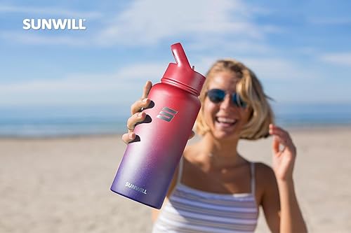 Miniatura 5 de SUNWILL Botella de agua aislada con popote de 32 onzas, botella de agua deportiva de metal, botella de agua deportiva de doble pared reutilizable,
