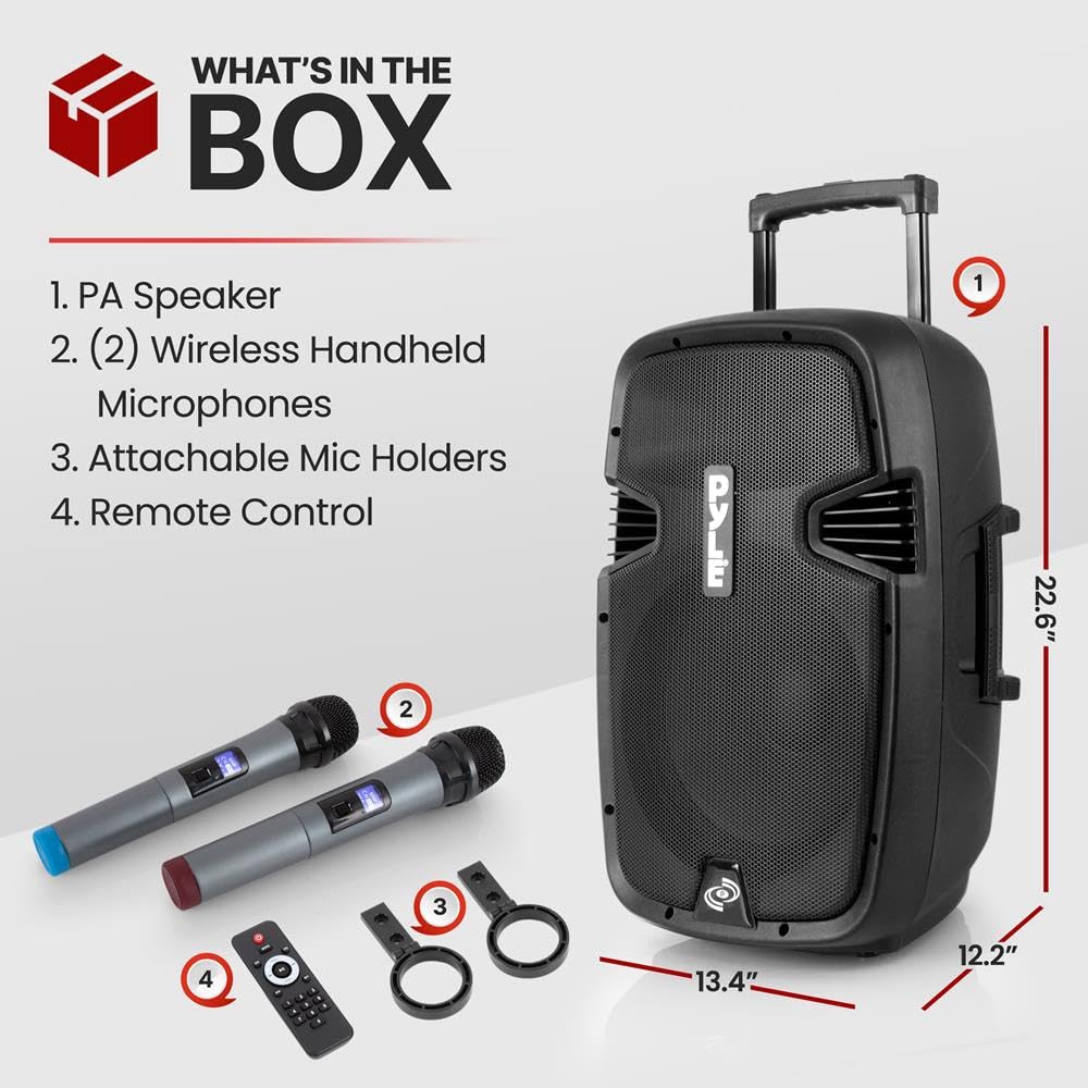 Pyle Altoparlante PA portatile wireless, altoparlante Bluetooth 1000W, subwoofer da 12", doppio sistema PA ad alta potenza, audio a 2 vie, include microfono wireless, ingresso USB/SD, per uso esterno