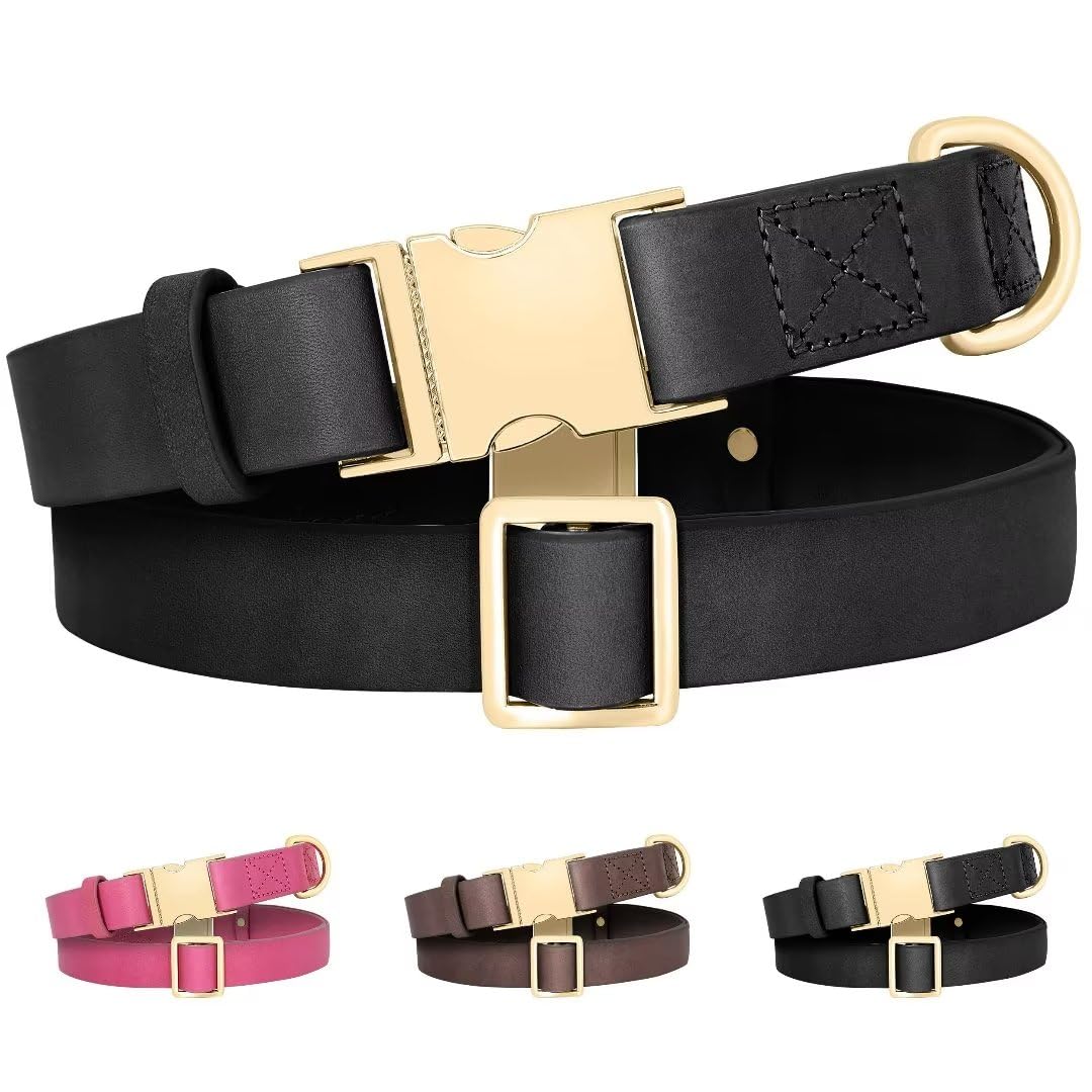 Beirui Genuine Leather Dog Collar with Quick Release Metal Buckle, Comfortable Leather Collar for Small Medium Large Dogs, Heavy Duty Classic Pet Dog Collar,Black,Neck fit 10-16"