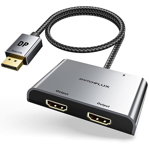 SWITCHFLUX DisplayPort to Dual HDMI Adapter [4K@60Hz] DP to HDMI Splitter 1 in 2 Out Extended Display, DP Male Source Converter for Dual Monitors Compatible with PC,Graphic Card and More - DP to 2×HDMI