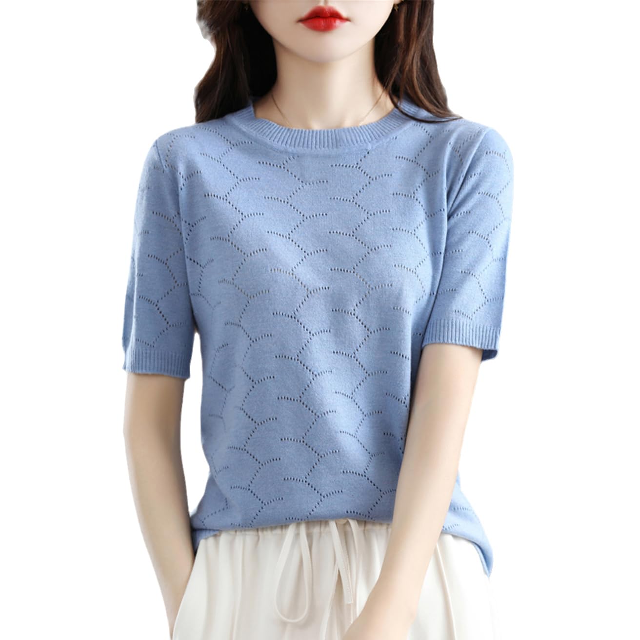Maglione da Donna in Lana A Maniche Corte Sottile Maglione da Donna in Tinta Unita con Pullover Vuoto