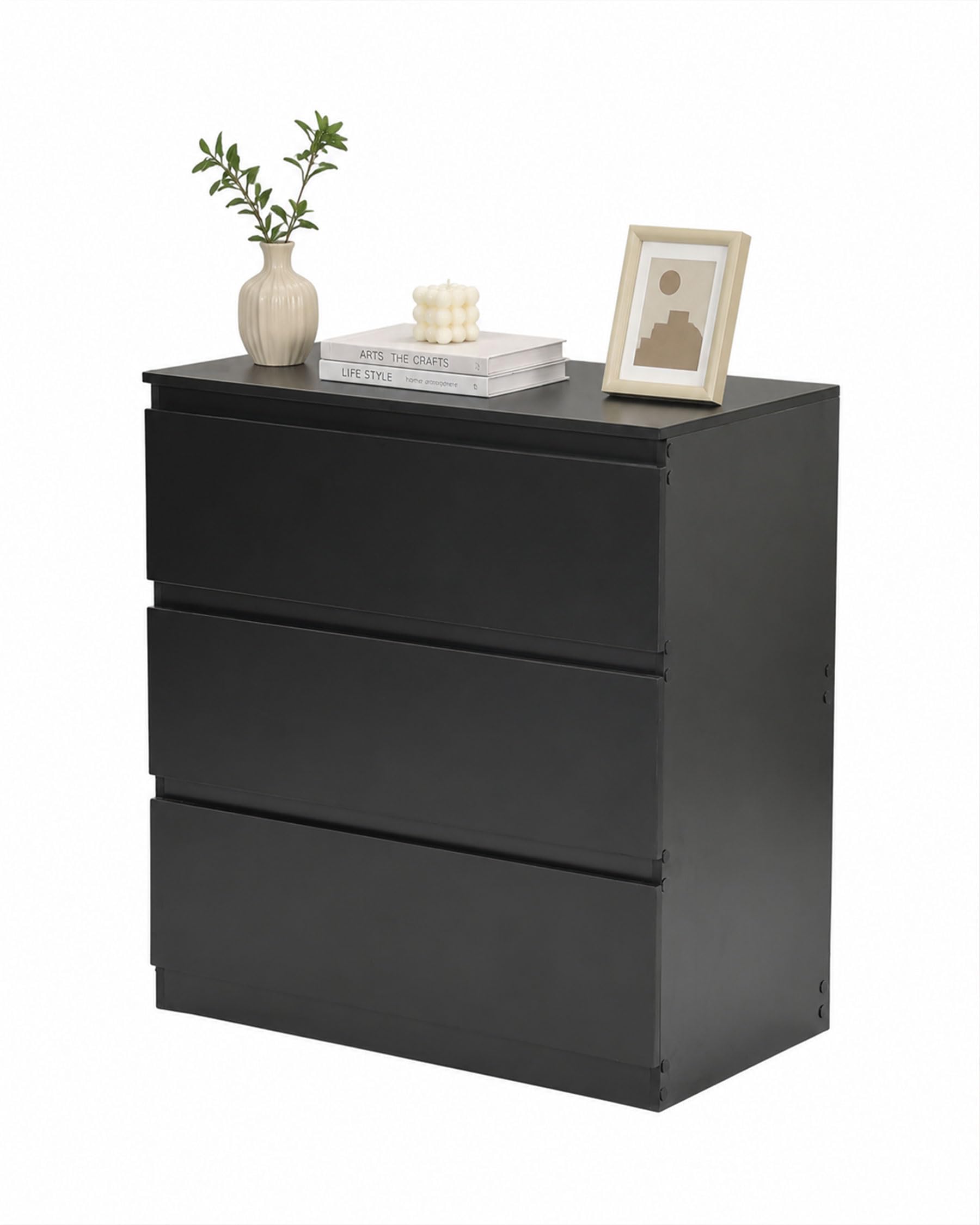 hitsuki Comodino nero con 3 cassetti, larghezza 70 cm | Comodino da notte, 70 x 40 x 75 cm, per camera da letto, soggiorno, corridoio, studio