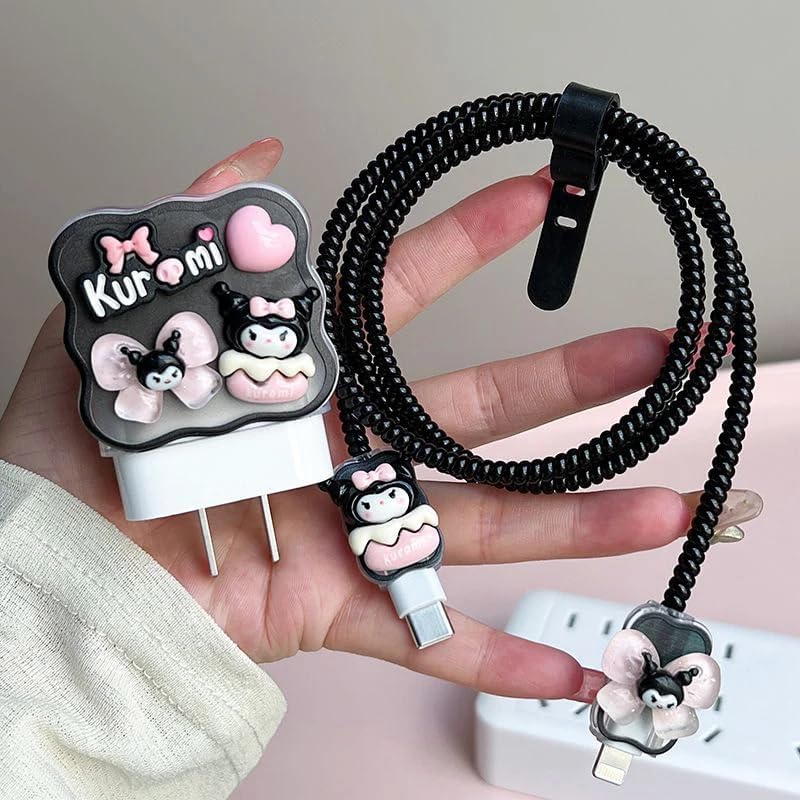 Image of Dezet for iPhone Charger 18-20W Cute Cartoon Charging Cable Protector Set for iPhone Fast Charging USB Cable with Protective Silicone Cover & Organizer Clip Stylish Design (KOROMI NEW 1)