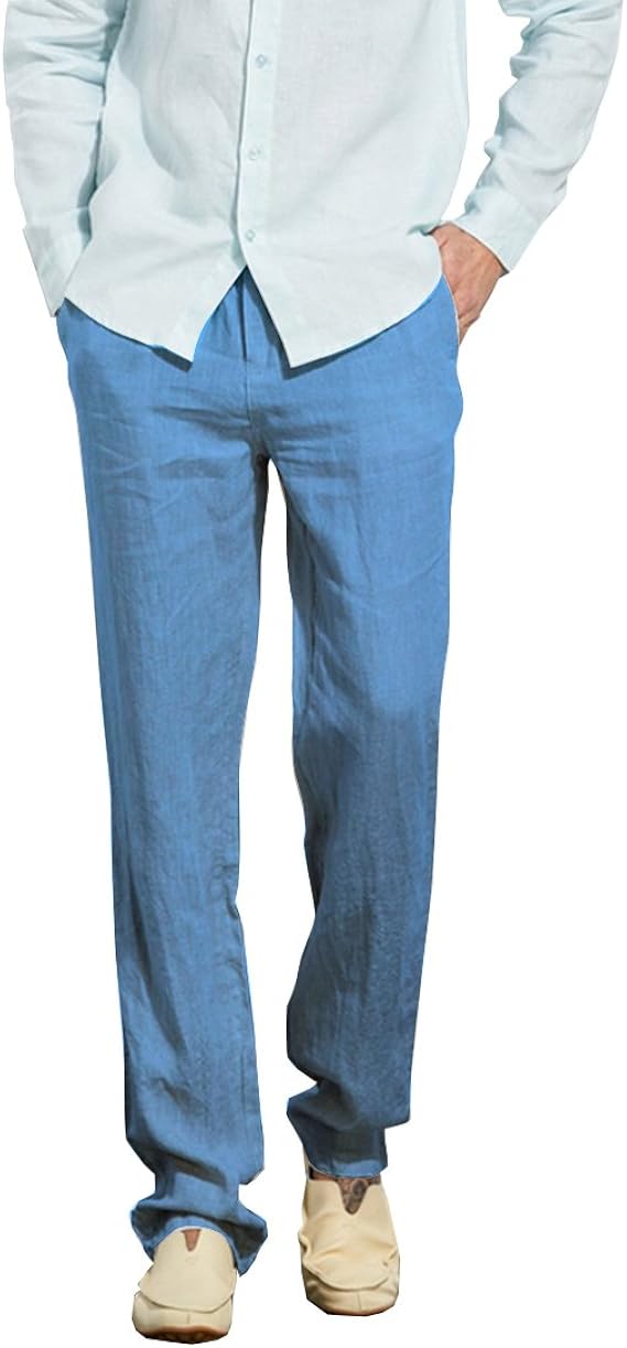 Manwan walk Mens Casual Beach Trousers Elastic Loose Fit Lightweight Linen Summer Pants K70