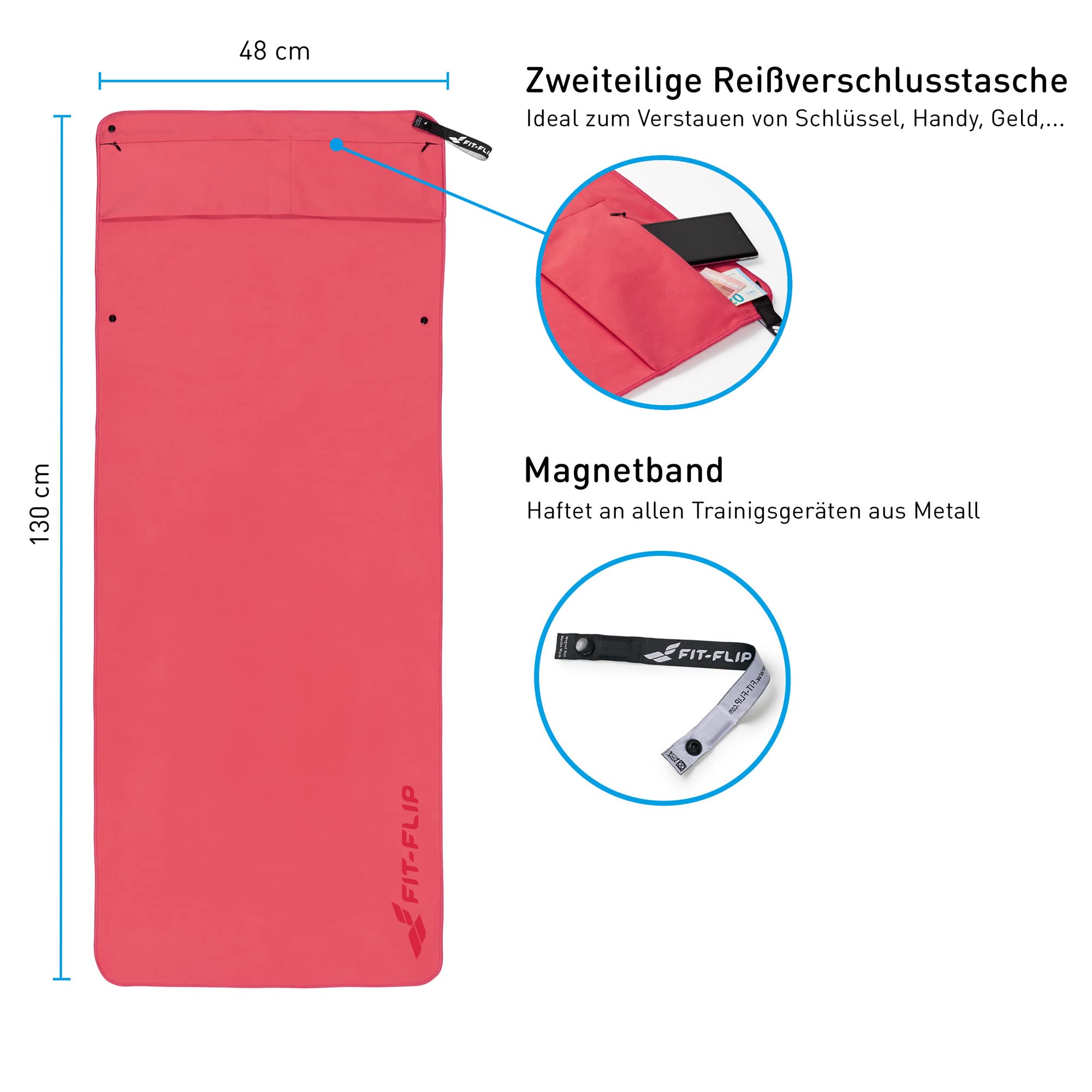 Fit-Flip Asciugamano Sportivo con Scomparto a Cerniera e Clip Magnetica - Telo in Microfibra - Compatto e ad Asciugatura Rapida - Accessori da Palestra uome e Donna