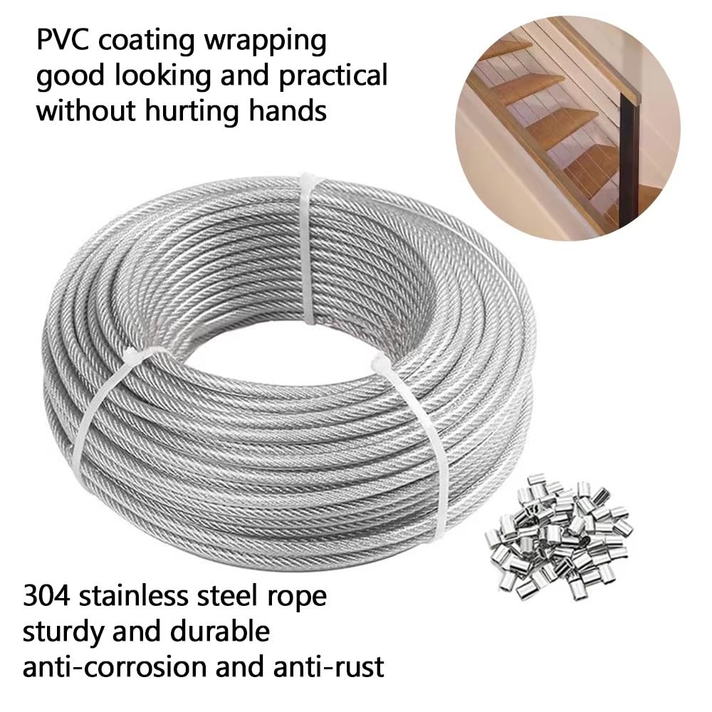 NEWFUN 100M Cable Acero, Cable Acero 3mm, Cable de Acero Inoxidable con Manguito de Engarce y Guardacabos Para Tensar Vallas, Cables de Suspensión de Lámparas de Exterior, Cables para Cortinas