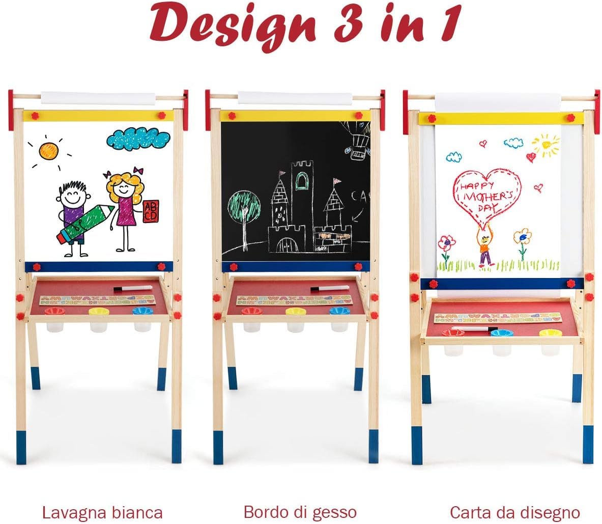 GYMAX Cavalletto per Bambini, Cavalletto con Altezza Regolabile,Lavagna a Doppia Faccia di Legno di Pino, con Rotolo Carta e Altri Accessori, 124,5x60,5x55 cm
