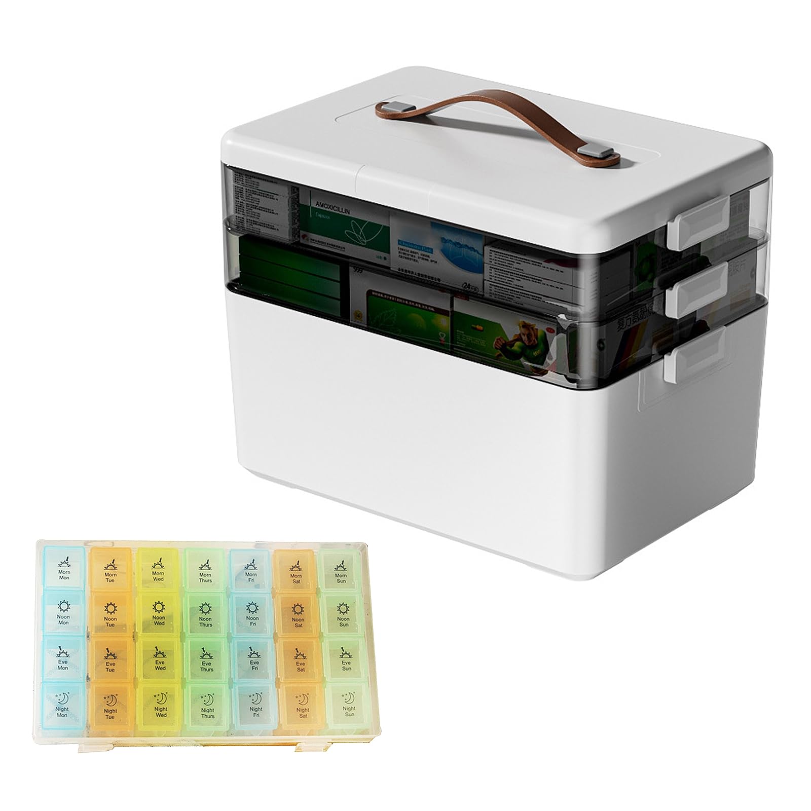 Porta Medicine a 3 Livelli – Organizer Medicinali da Casa, Scatola Medicinali Grande con 28 Scomparti, Contenitore per Medicinali con Maniglia, per Famiglia, Ufficio, Scuola e Viaggio