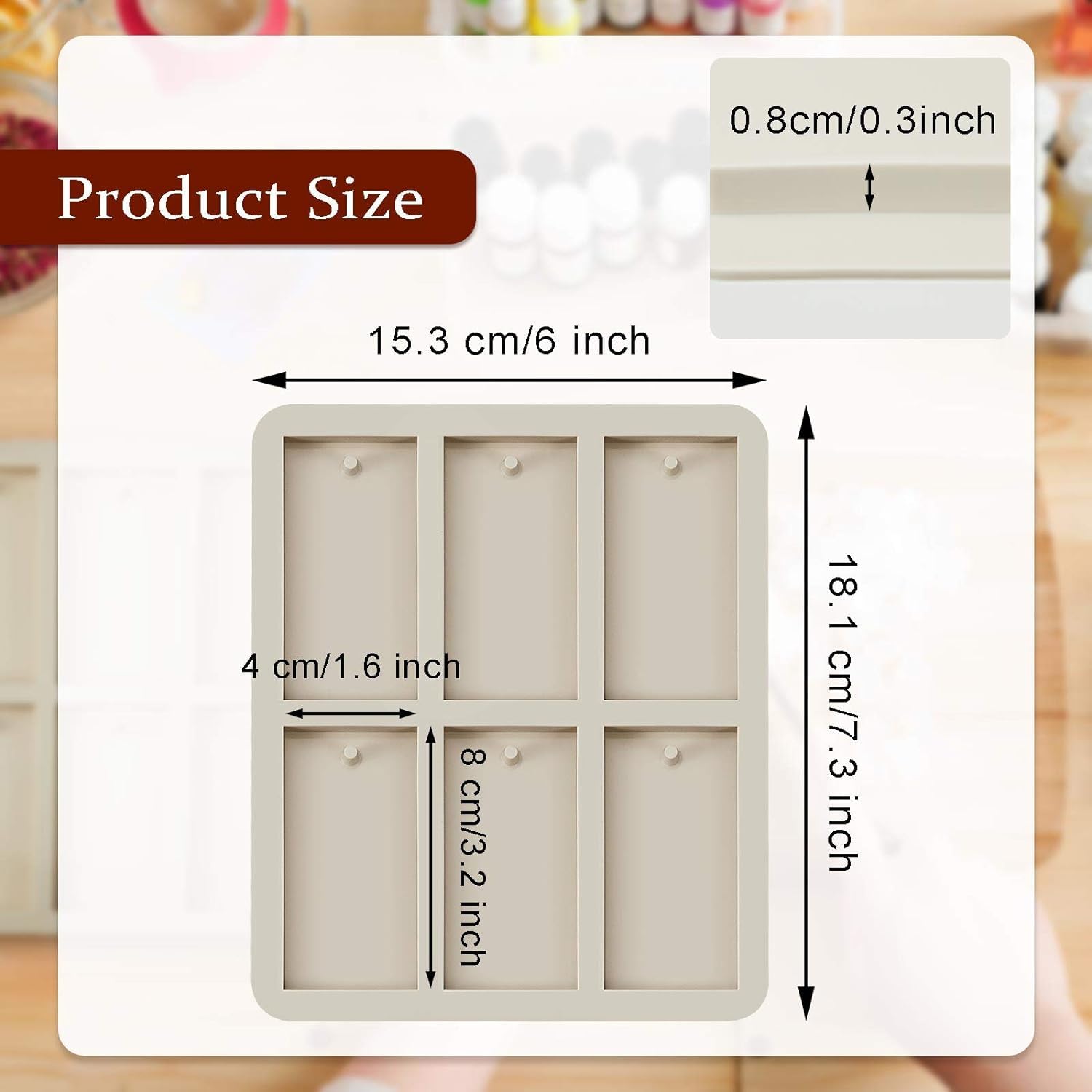 FirstTry Aromatherapy Wax Mold I Silicone Fondant Mould with Hanging Hole I Dried Flowers Resin Soap Clay Craft Jewelry Making Molds DIY Pendant Bookmark Necklace I Grey - 6 Cavity (Rectangle)