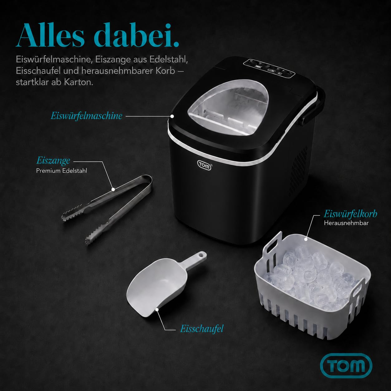 TOM Eiswürfelmaschine – 9 Eiswürfel in 6-8 min – 12 kg/24 h – 2 Würfelgrößen – Ice maker Eiswürfelmacher mit 1,3 l Wassertank – LED-Display – Inkl. Zubehör & Eiszange als Geschenk – Eiswürfelmaschine