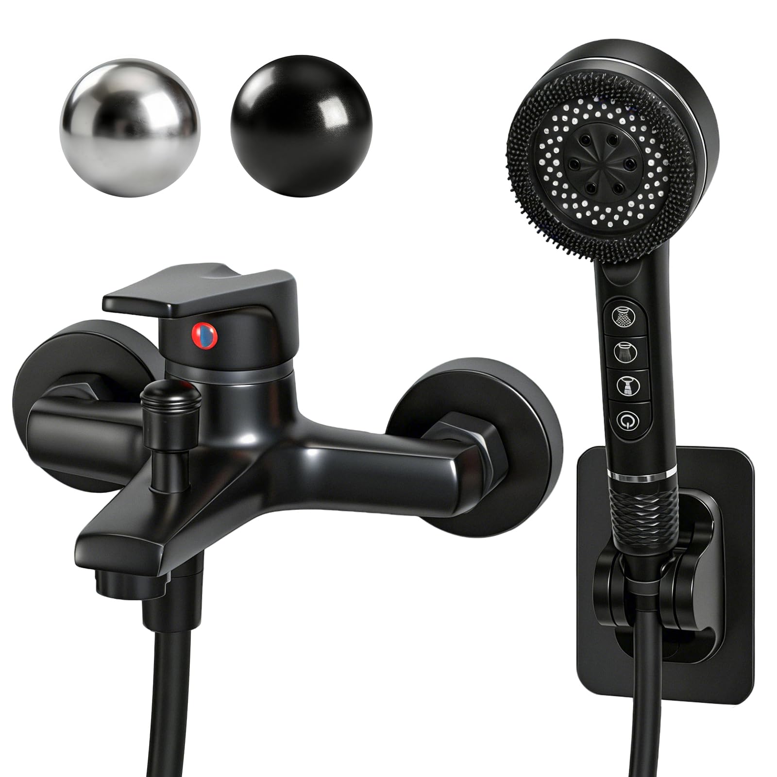 Grifo de Bañera con 4 Funciones Alcachofa de Mano Grifo Bañera Mezclador Monomando en Pared Grifería para Bañera con 1,5M Manguera y Soporte Mezclador de Baño (Negro Set)