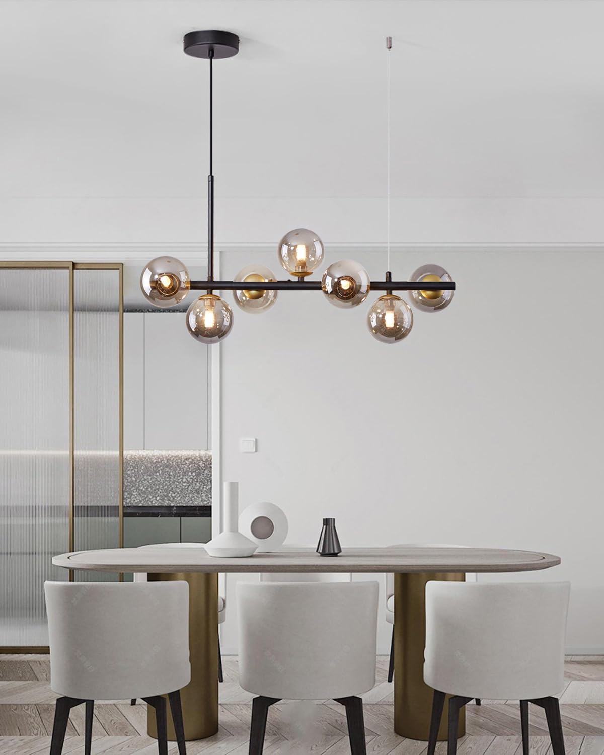 7-Lights Linear Bubble Globe Glass Chandelier, Modern Hanging Ceiling Lamp Clear Ball Glass Pendant Light Fixtures for Kitchen Island Dining Living Room, Long Black Sputnik Chandeliers Indoor Lighting