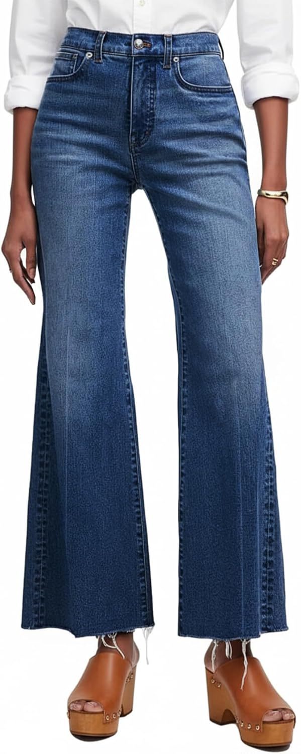 Women's High Waisted Flare Jeans Stretchy Raw Hem Bootcut Denim Pants Bell Bottoms