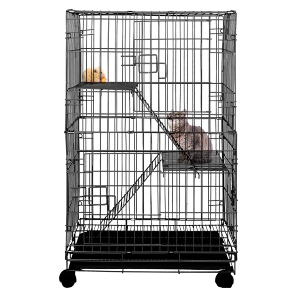 TOMVAES 3 Layer Wire Cat Cage - Folding Large Villa With 3 Tiers, Large Base Tray, 2 Openable Doors - Household Pet Supplies for Cats and Small Dogs