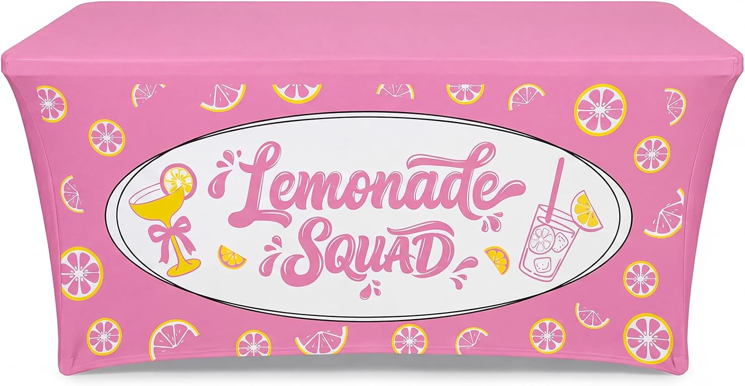 Chumia 6ft Lemonade Stand Tablecloth Supplies Lemonade Stretch Spandex Table Cover Pink Vendor Cloth for Folding Tables Summer Beach Picnic Lemon Birthday Party Decor