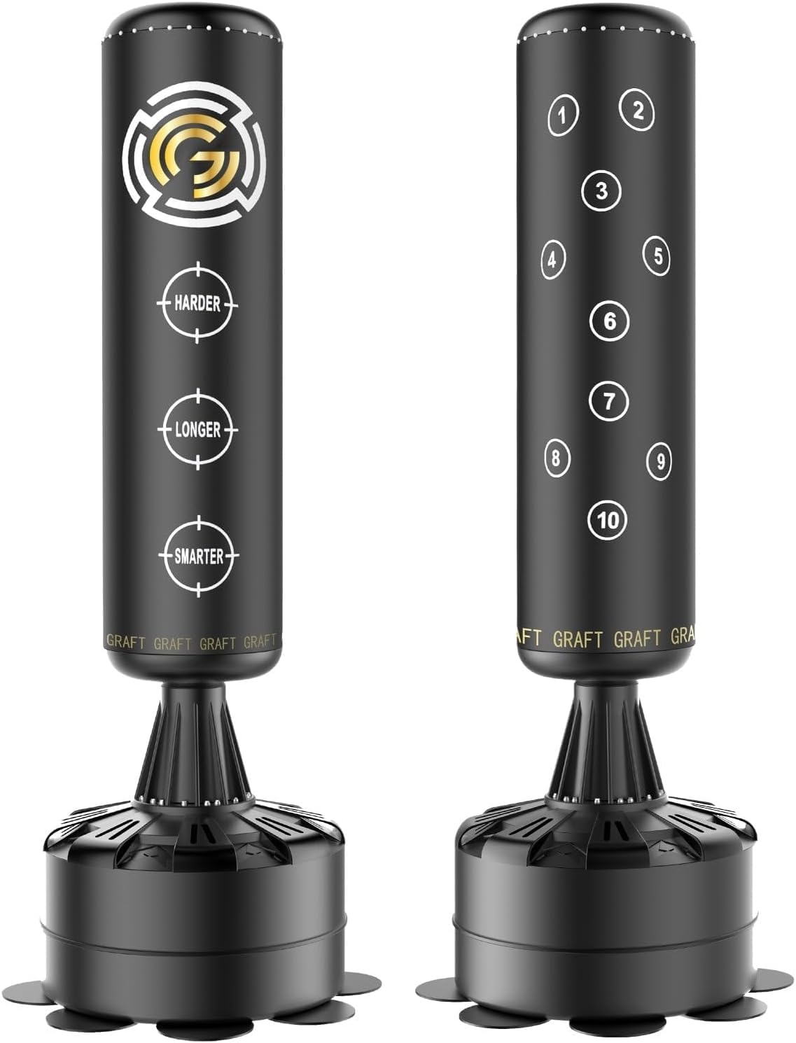 GRAFT 6FT Free Standing Punch Bag – Heavy Duty Freestanding Boxing Bag with Pedestal Base for Kickboxing, MMA, Martial Arts & Muay Thai, Shock Absorbing Punching Bag for Home Gym (Black/Gold, 6FT)