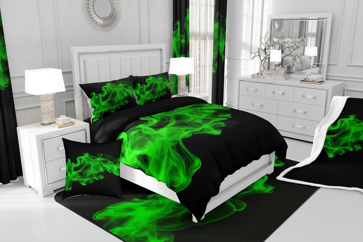 Feelyou Ombre Green Black Bedding Set Full Size Abstract Duvet Cover for Boys Girls Teens Bedroom Decor Smokey Comforter Cover Set Women Men Modern Art Bedspread Cover with 2 Pillow Case,No Comforter
