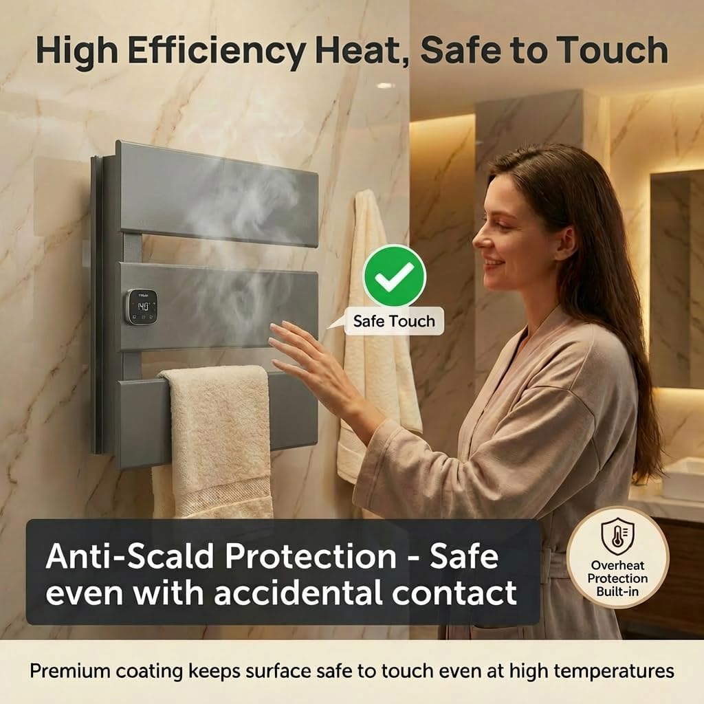 Electric Towel Warmer, Heated Towel Rack with Thermo Control and Timer, Fast Heating Towel Rail for Bathroom with Memroy Function, Work with Smart Plug, Left-Wiring, 3 Panel, Gun Gray