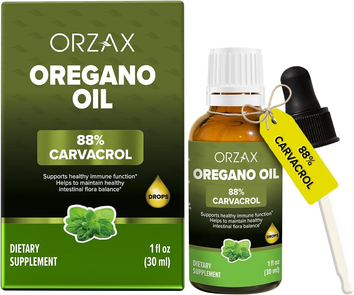 ORZAX Oregano Oil Drops with Olive Oil - 88% Carvacrol and 0.3% Thymol - Non-GMO & Sugar-Free & Gluten-Free & Vegan - Herbal Supplement for Immune Support and Digestive Health - 30 ml - 200 Day Supply