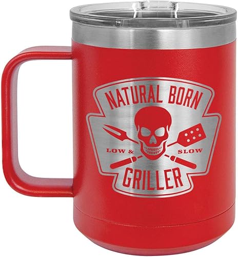 Natural Born Griller RED Taza de café de 15 oz con tapa deslizante  Taza de café de viaje aislada  BBQ & Grilling Idea de regalo para hombres que lo