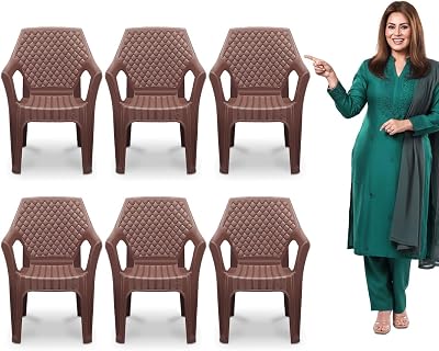 Plastic Chair Set, Chair for Living Room, Home, Plastic Chair for Home with Arm Rest/Modern Stylish Design with Glossy & Matte Finish Bearing Capacity 200Kg. (M-Brown, Pack of 6)