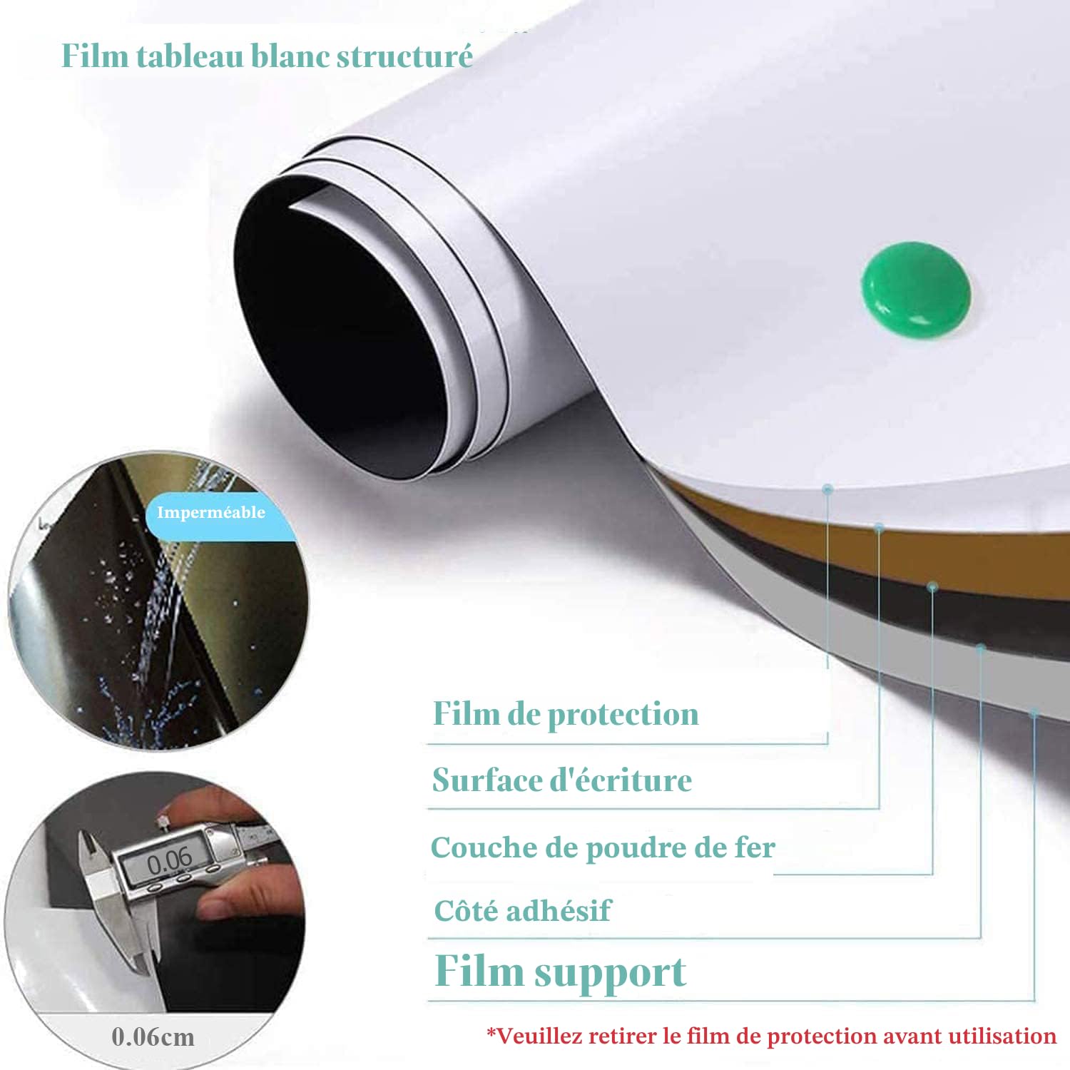Papier Tableau Blanc Magnétique, 90×180cm Adhesif Tableau Blanc Effacable Autocollant, Avec Marqueur et Effaceur Magnétique, Tableau Aimanté Mural Film pour surfaces lisses, Pour l'école