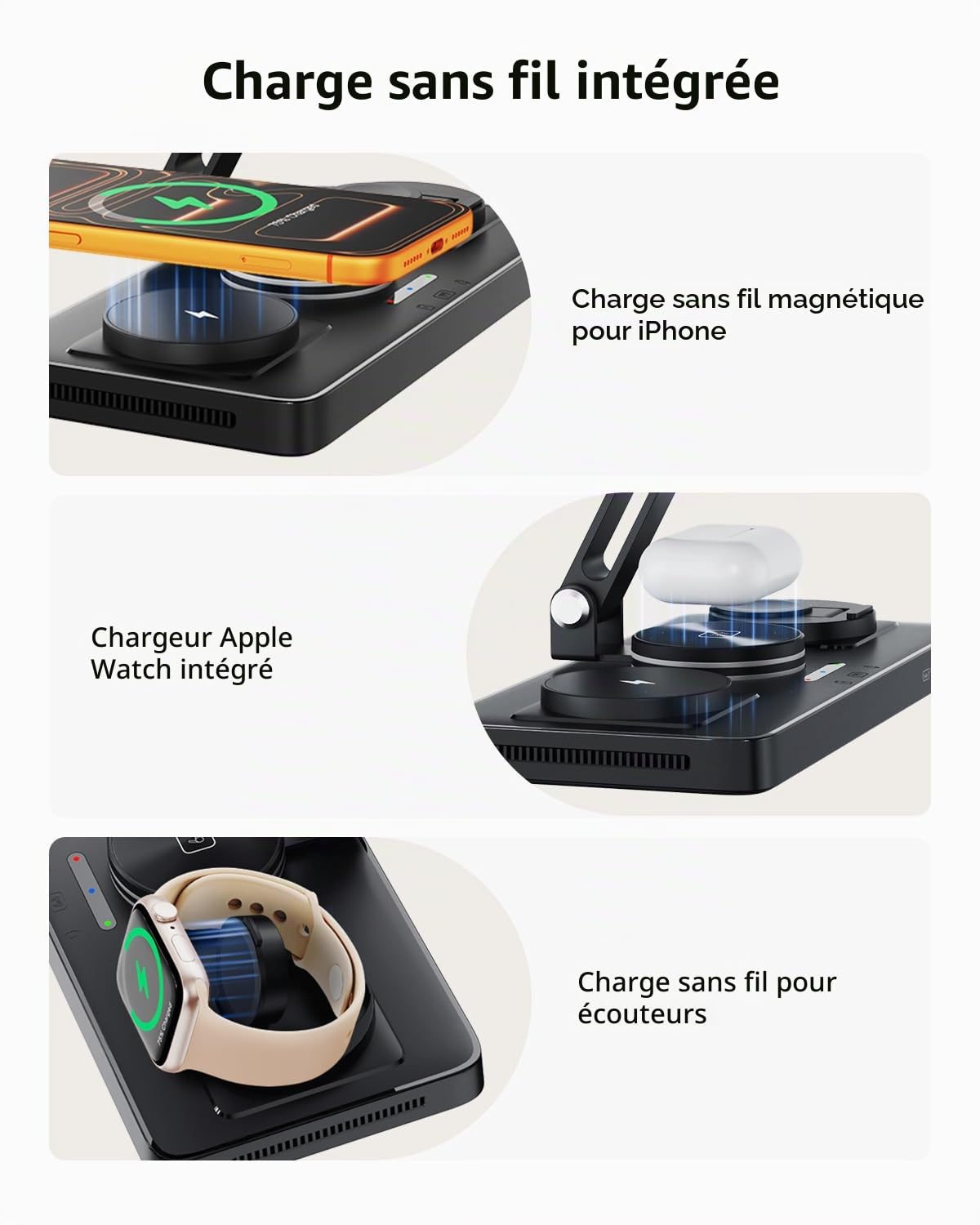 GEEKERA Station de Charge 4-en-1 pour Apple, Câble Escamotable pour iPad, Chargeur Magnétique sans Fil pour iPhone 12-17/Air/Pro, Station d’Accueil pour Apple Watch & AirPods, Noir
