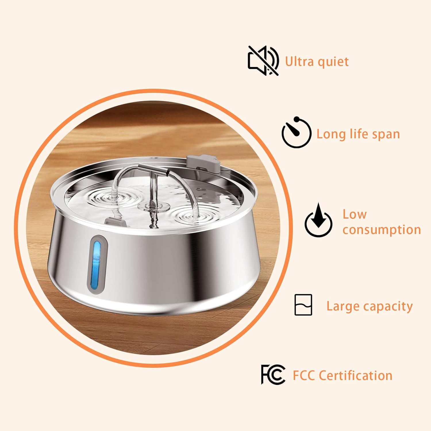 Stainless Steel Cat Water Fountain 4L/135oz Large Capacity Automatic Pet Water Fountain - Dog Water Dispenser with Water Level Window, Multi-Filter, Silent Pump, Provides Flowing Water