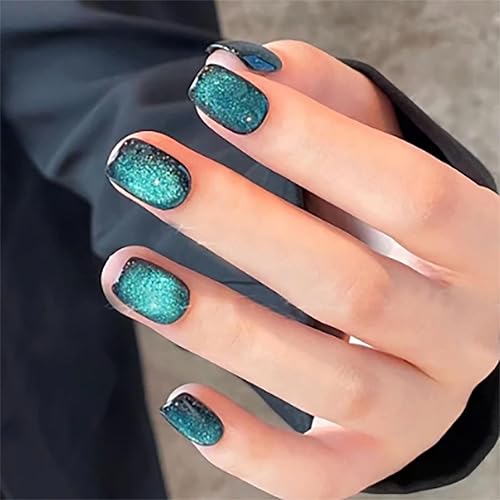 Glossy Square Press On Nails Short Blue Fake Nails Ombre