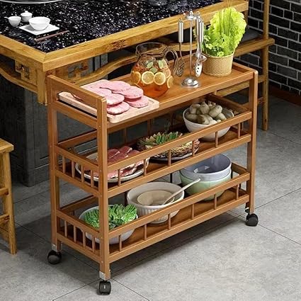 Matiko Multi-Purpose 3 Tier Bamboo Serving Trolley Wine Serving Cart with Wheels, Utility Cart, Kitchen Storage Cart, Seasoning Rack on Wheels for Dining Room