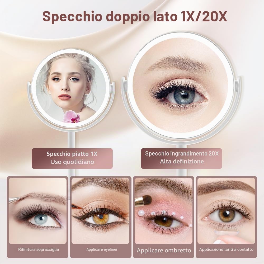 Specchio da trucco con illuminazione, specchio ingranditore 20x con 3 luci colorate, specchio cosmetico con ingrandimento con interruttore bifacciale, specchio ingranditore con luce per camera da