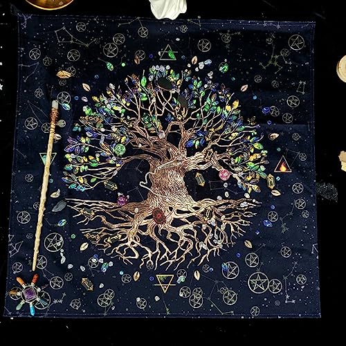 タロットクロス 滑り止め付き 大判 64*64cm 魔法陣 星 月 ポーチ付き テーブルクロス ベルベット 魔法陣 占い 鑑定 星空柄 星座 マジック 厚手 初心者 オラクル 布 黒 ラッキー 幸運の木 可愛い 美しい 2点セット (ブラウン)