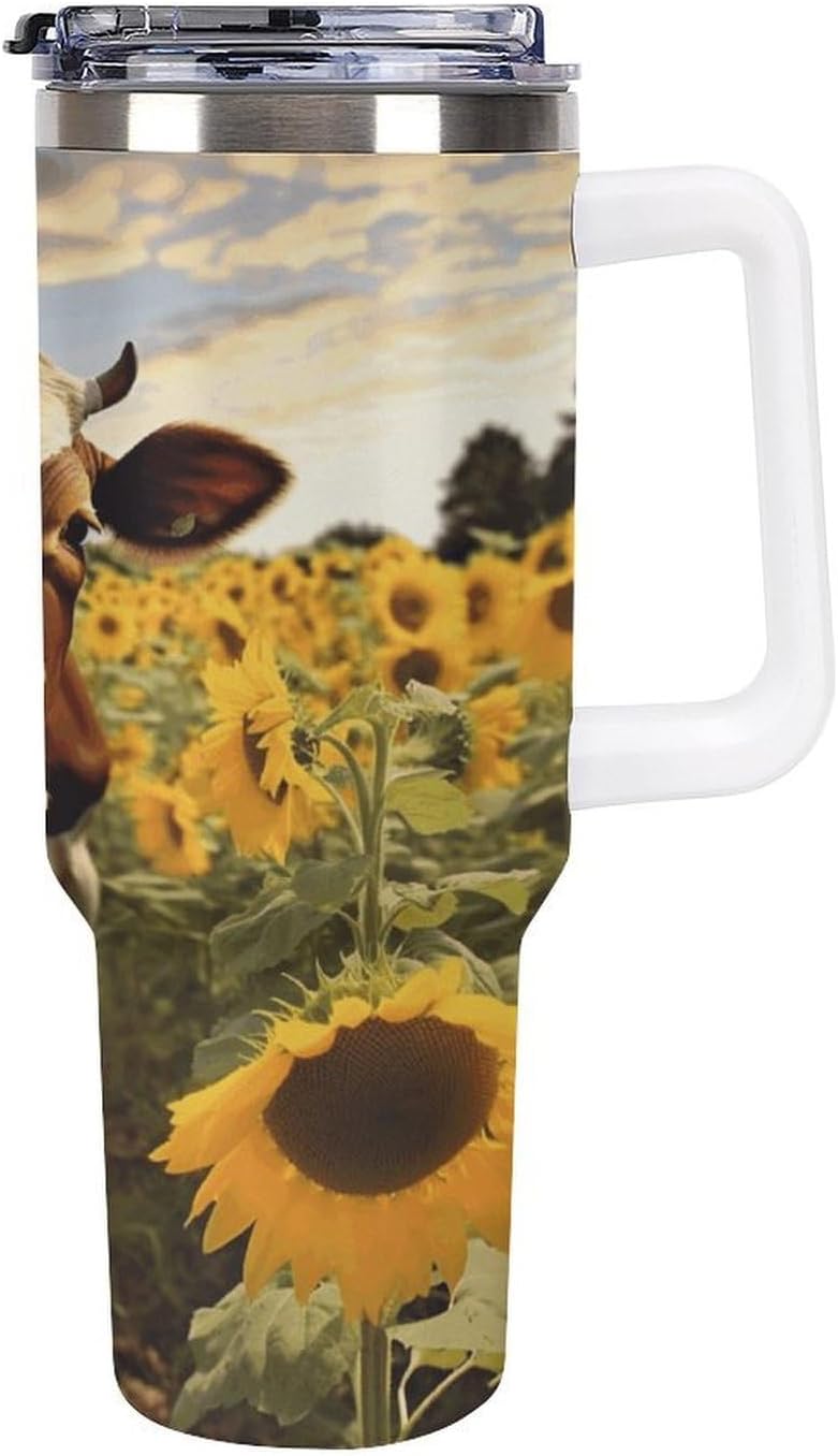 Cow in Sunflowers Travel Coffee Mug Reusable Durable Stainless Steel Insulated Tumbler with Handle And Straw Leak Resistant Portable Thermal Cup Gifts for Men Women 40 Oz