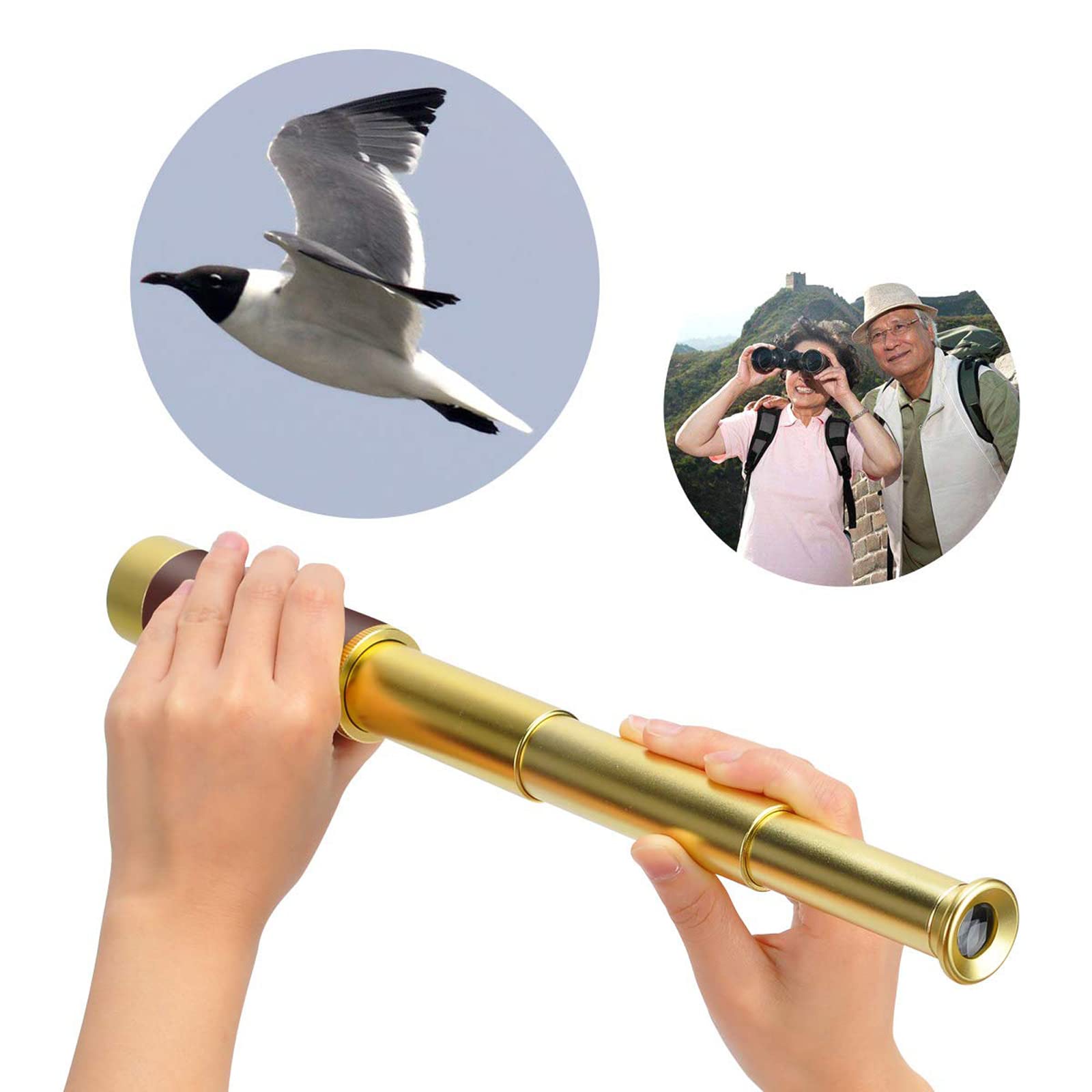 Lychee Monoculaire Etanche Mini Monoculaire Télescopique Retractable Vintage Pirate Optique Telescope Alliage Aluminium avec Placage de Cuivre 4 Sections HD pour Navigation à Voile Voyage Jeux