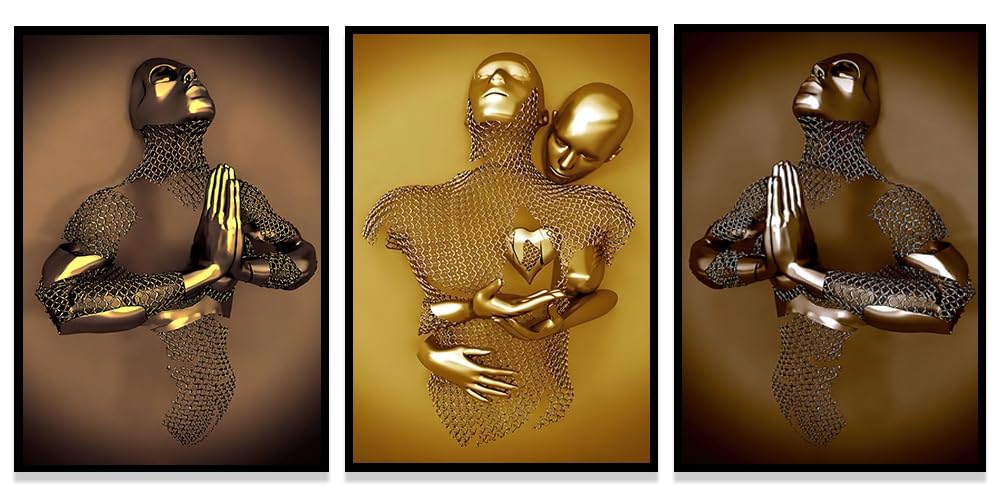 WADBTP Modern Art Metal Figure Canvas Painting Poster, Metal 3D Sculpture Effect, Romantic Lovers Hug Home Poster Set