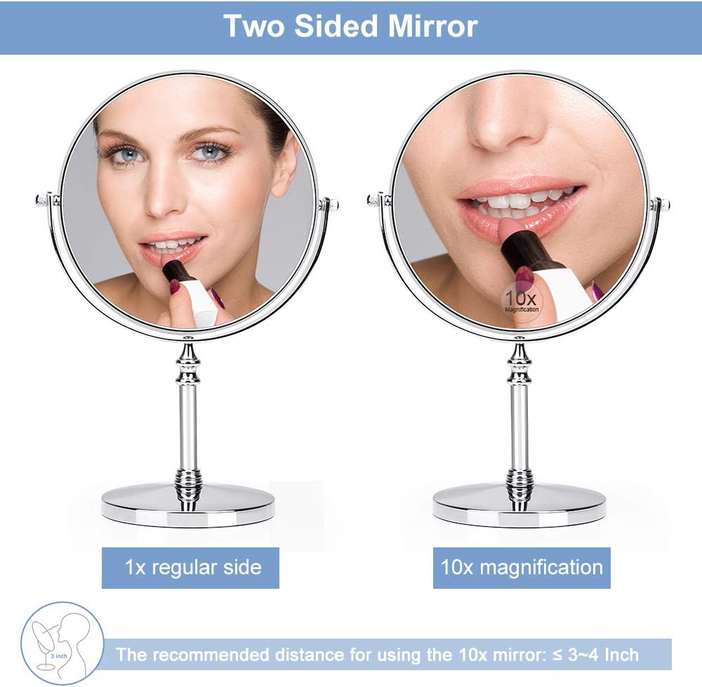 KEDSUM 1X/10X Magnifying Makeup Mirror, 8 Inch Large Table Mirror with Stand, Personal Makeup Mirror with Magnification, Double Sided Vanity Mirror with 360° Rotation, Detachable Base -